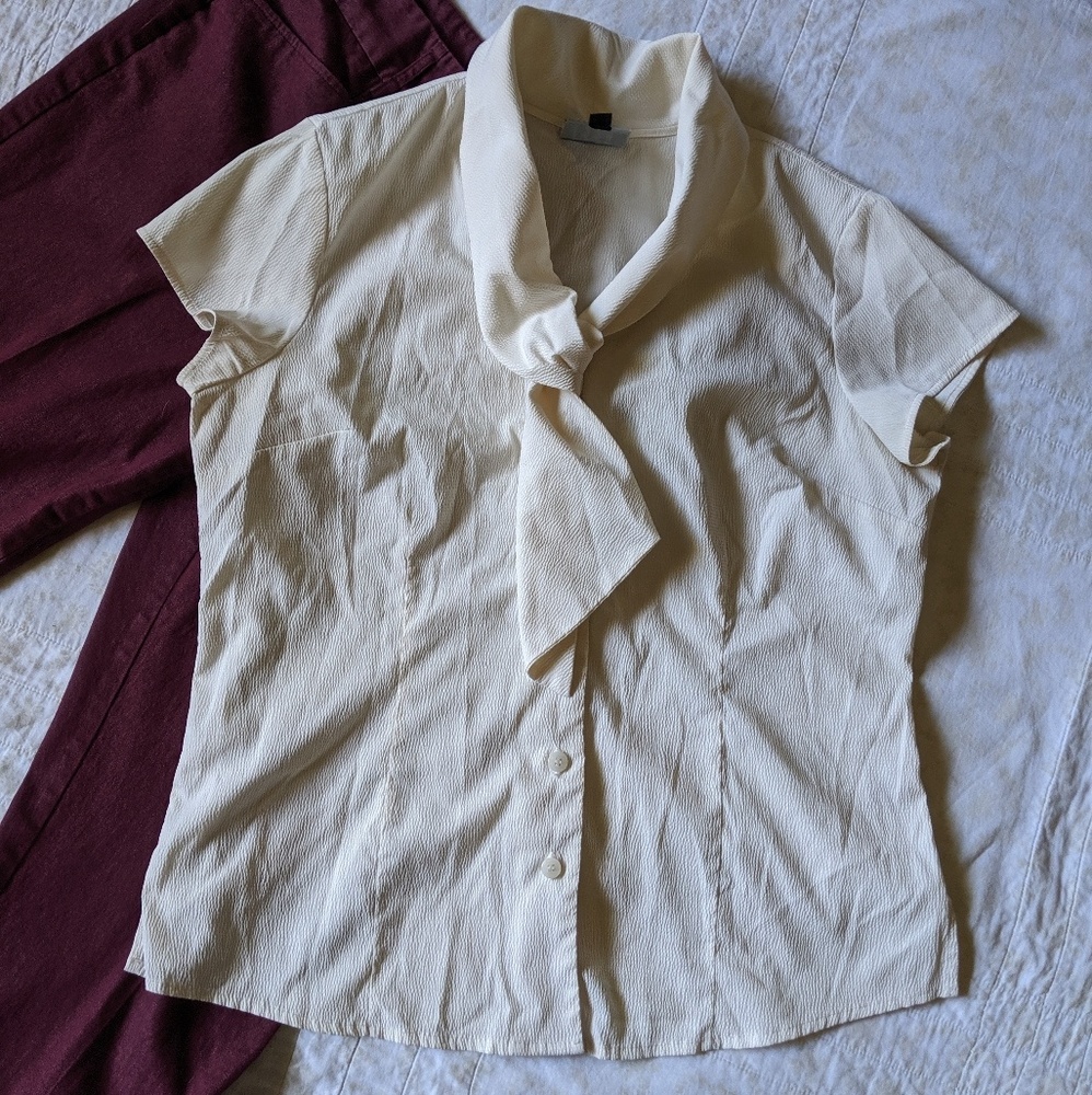 Ivory scarf-neck cap sleeve blouse